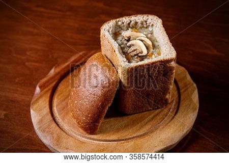 Mushroom Soup In A Bowl Of Bread