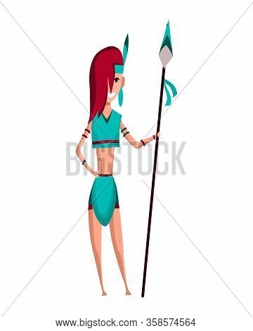 Native American Tribe Member In Traditional Indian Clothing With Weapons. Cartoon Dressed Woman In I
