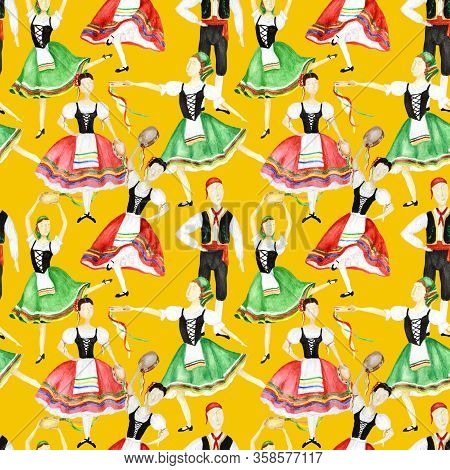Seamless Pattern Dancers In National Costume An Italian Tarantella With A Tambourine On Yellow Backg
