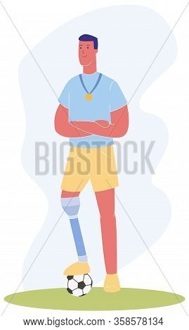 Cartoon Man With Prosthetic Leg Gold Medal Football Ball Vector Illustration. Player With Prosthesis