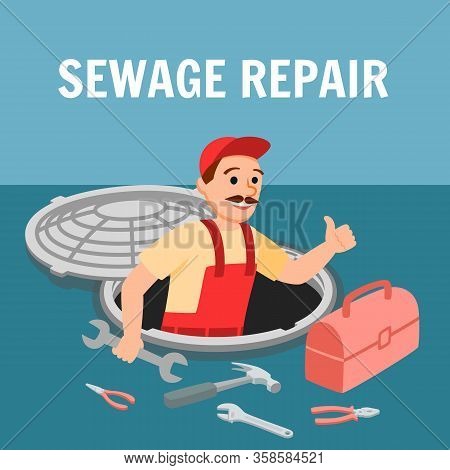 Sewage Repair Banner. Man Repairman With Plumbing Equipment Tool In Open Manhole Hatch Vector Illust