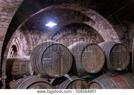 wine barrels in the cellar, Szekszard, Hungary