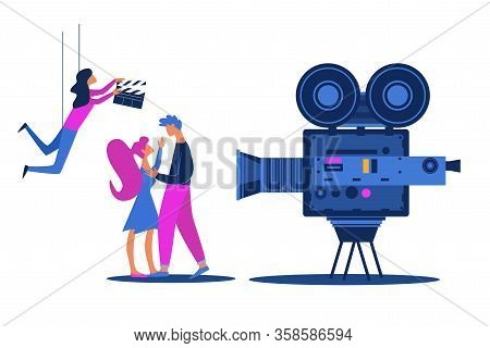 Movie Shooting Hollywood Love Story Scene With Actors Man And Woman Characters Kissing In Front Of V