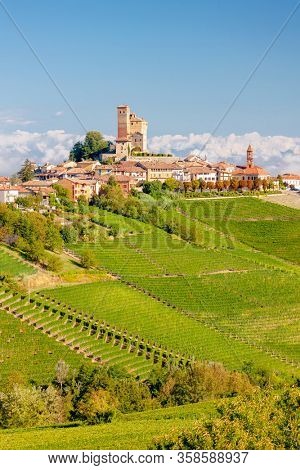 View of the village of Serralunga d`Alba and the wonderful Langa, italy