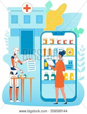 Online Pharmacy And Medicine Store. Purchasing Via Mobile Application. Huge Phone With Great Pills A