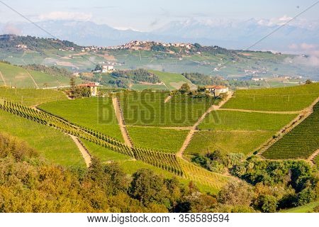 View of the village of Serralunga d`Alba and the wonderful Langa, italy