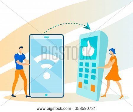 Money Transferring Via Smartphone App And Pos Terminal. Wireless Transaction, Nfc Payment. Cartoon T
