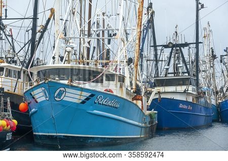 New Bedford, Massachusetts, Usa - April 13, 2019: Commercial Fishing Boat Relentless Among Forest Of