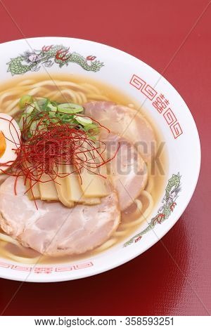 Close Up Of Japanese Miso Soup Ramen In A Bowl On Table
