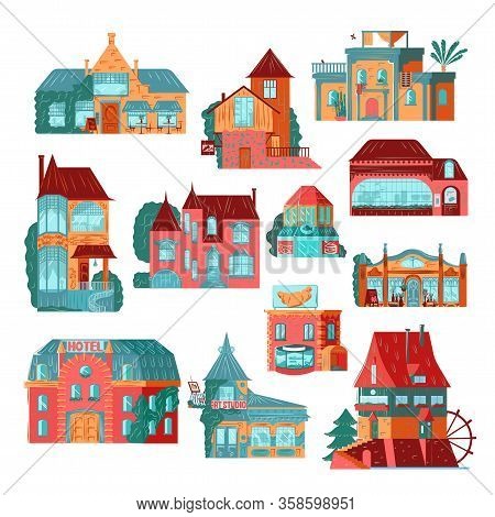 Retro Houses And Cottages Icons Set Of Flat Vector Illustrations Isolated On White. Old Vintage Euro