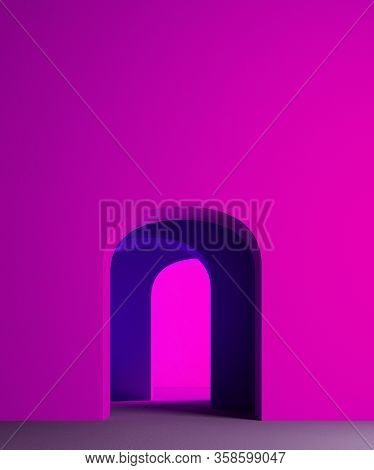 Abstract Architectural Neon Light Minimal Background, Arch Niche Exerior. Copy Space. Premium Design