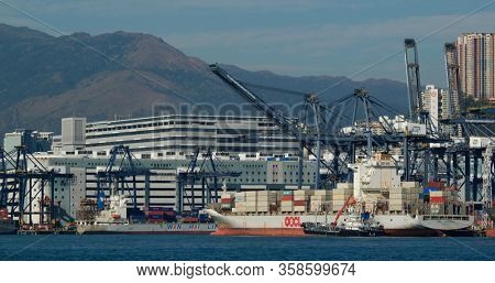 Kwai Tsing, Hong Kong 29 November 2019: Kwai Tsing Container Terminals in Hong Kong