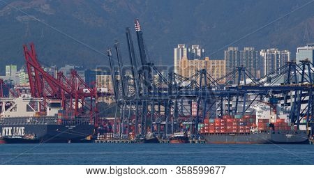 Kwai Tsing, Hong Kong 29 November 2019: Kwai Tsing Container Terminals in Hong Kong