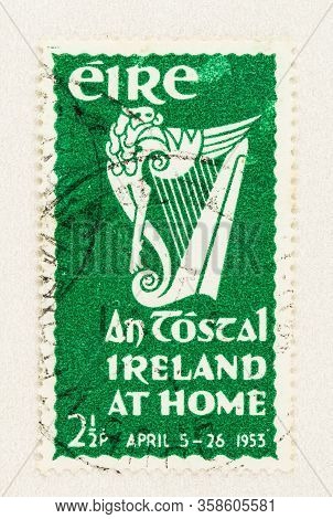 Seattle Washington - March 29, 2020: Close Up Of Postage Stamp From Ireland Celebrating The Inaugura