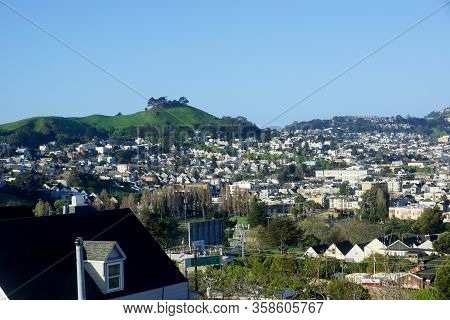 Aerial View Of Houses, Cars. Cityscape, Streets, And Mountians Of San Francisco In Potrero Hill Neig