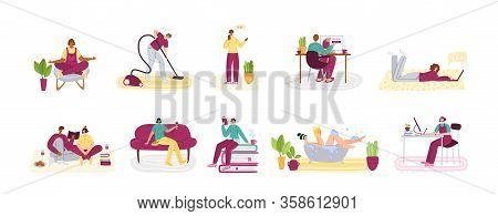 Stay Home Concept - Peolle And Home Activities For Covid-19 Quarantine Isolation - Online Shopping, 