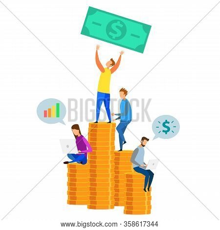 Cartoon Team Meeting Analysys Dollar Coin Stack Vector Illustration. Sell Startup Idea Success Manag