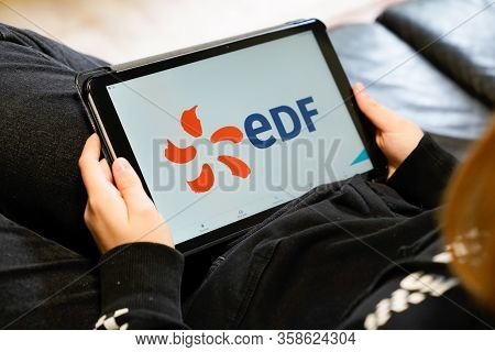 Bordeaux , Aquitaine / France - 12 04 2019 : Edf Logo Sign On Screen Tablet French Electricity Provi