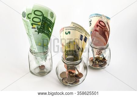 Glass Jars Filled With Coins And Euro Bills, Savings, Money, Ank Money, Crisis, Cash, Banknotes, Coi