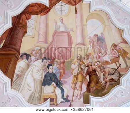 BRONNBACH, GERMANY - JULY 07, 2018: Ceiling frescoes in Bernard Hall, Cistercian Abbey of Bronnbach in Reicholzheim near Wertheim, Germany