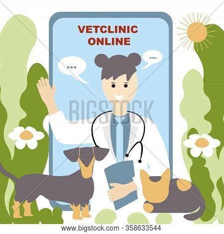 Vector, Doctor  Vetclinic Online Concept. Doctor In A Robe Waving His Hand And Wants To Help, Consul