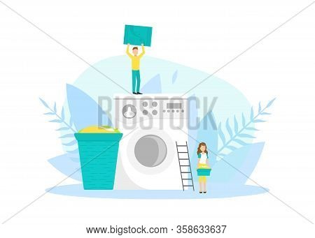 Tiny People Loading Big Washing Machine In Laundry Room Vector Illustration