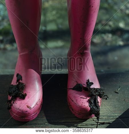 Somebody Standing In Dirty Rubber Boots On A Doorstep