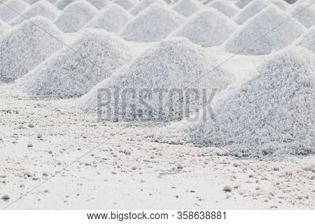 Not Sifted Sea Salt Piles In Evaporation Pond In Thailand