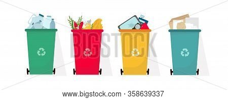 Waste Sorting Concept. Trashbins With Plastic, Organic, Paper And Technological Garbage On White Bac
