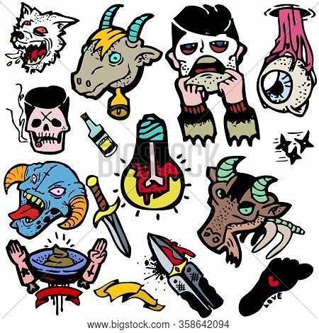 Set Of Vector Color Logos, Badges, Labels, Stickers With Comic Personages, Objects, Frames, Signs. T