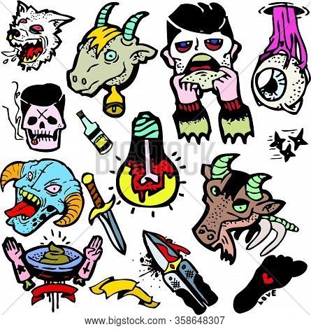 Set Of Vector Color Logos, Badges, Labels, Stickers With Comic Personages, Objects, Frames, Signs. T