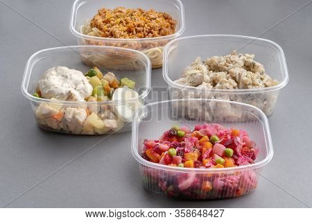 Jar With Venegret In The Foreground. Pasta With Minced Meat And Onion In Navy-style And A Jar Of Vin