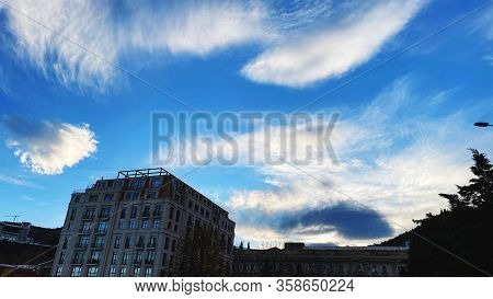 Tbilisi Architecture Against The Backdrop Of Cloudy Skies.