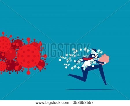 Businessman Holding Piggy Bank Running Away For Covid - 19. Stock Market Panic Sell From Coronavirus