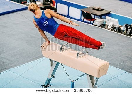 Back Men Gymnast Perform Exercise On Pommel Horse