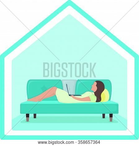 Woman Lie On Sofa With Laptop In Arms, Female Character Rest, Relax. Isolated On White, Flat Vector 