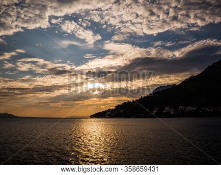 Sunset Over The Mediterranean Sea In Drvenik, Croatia