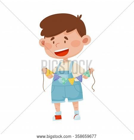 Smiling Boy Holding Made From Paper Triangle Garland Vector Illustration