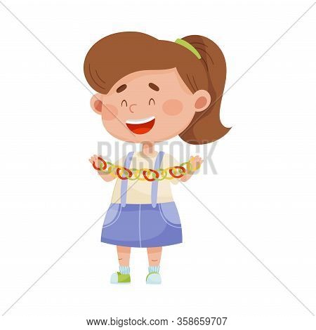 Smiling Girl Holding Made From Paper Garland Vector Illustration