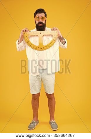 Maintain Beard Shape. Bearded Nerd With Protractor. Exploring Properties Of Protractor. Brutal Hipst