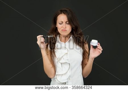 Visage Course. Visage Face Expert With Powder And Brush. Makeup Artist Put Decorative Visage Cosmeti