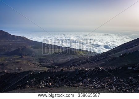 Cha Das Caldeiras Over The Clouds View From Pico Do Fogo In Cape Verde, Africa