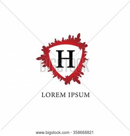 Letter H Alphabet Logo Design Template. Splash Of Blood With Shield Shape In The Midle. Insurance, P
