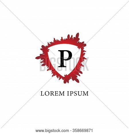 Letter P Alphabet Logo Design Template. Splash Of Blood With Shield Shape In The Midle. Isolated On 
