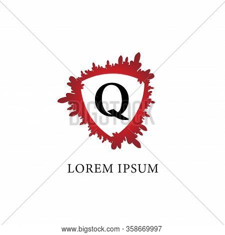 Letter Q Alphabet Logo Design Template. Splash Of Blood With Shield Shape In The Midle. Insurance, P