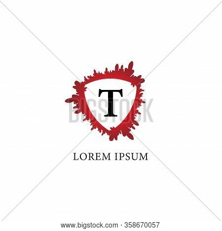 Letter T Alphabet Logo Design Template. Splash Of Blood With Shield Shape In The Midle. Insurance, P
