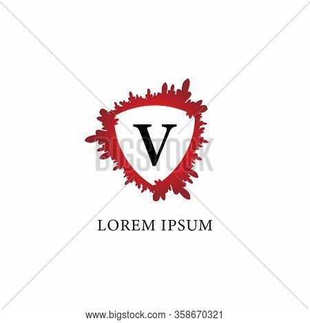 Letter V Alphabet Logo Design Template. Splash Of Blood With Shield Shape In The Midle.  Initial Abj