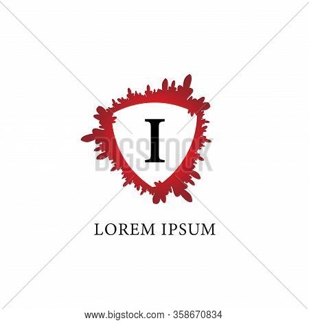 Letter I Alphabet Logo Design Template. Splash Of Blood With Shield Shape In The Midle. Insurance, P