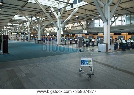 Richmond, Bc, Canada - Mar 29, 2020: Luggage Cart In The International Departures Area Of Yvr That I