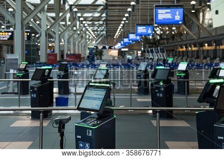 Richmond, Bc, Canada - Mar 29, 2020: International Departures Section Of Yvr Which Is Nearly Empty D